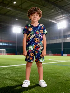 Kids Short Sleeve Pajama Set, Football Full Print, Soft Comfortable Casual Home Wear, 2 Piece Set, Suitable for All Seasons