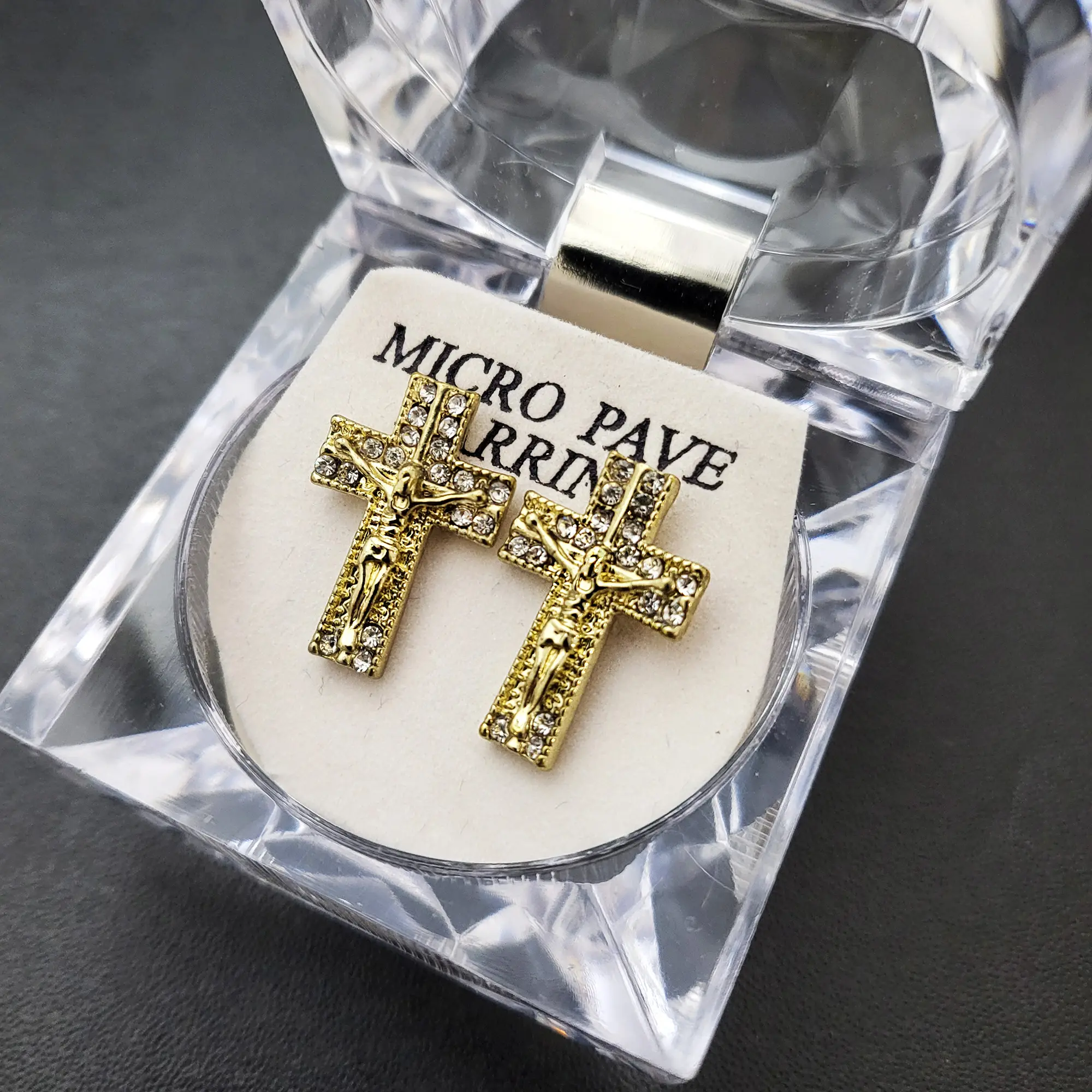 MaxBling81 Unisex CZ Iced Jesus Crucifix Studs Earrings, Fashion Religious Costume Jewelry with Crystal Case, Men's Earrings for Unisex Appeal, Jeweled Crucifix Earrings