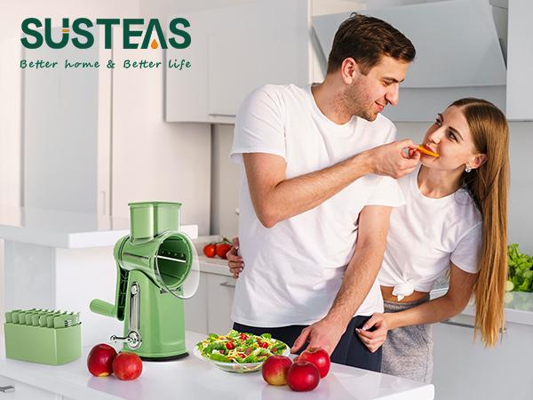 SUSTEAS Green Rotating Kitchen Cheese Grater Food Chopper with 5 Well-Designed Blades and Strong Suction Cup Base, Comes with 1 Blade Storage Box Utensil Vegetable Cutting Slicer Vegetable Fruit Cutter