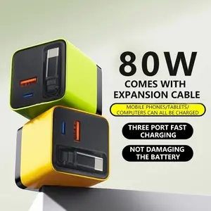 80w Gan Retractable Super-Fast Charger, Dual PD+USB ports for simultaneous fast charging,Built-in Type-C cable,Universal for iPhone / Android / tablets,Certified safe protection