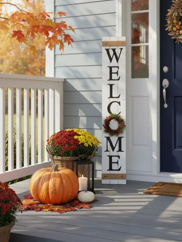 Glitzhome 60"H Engineered Wood (MDF) Welcome Porch Sign with 4 Interchangeable Floral Wreaths - Spring, Patriotic, Fall, Christmas, KD, Eye-Catching Home Decor Products, Welcome Decoration for Garden Decor, Outdoor Furniture Accessory