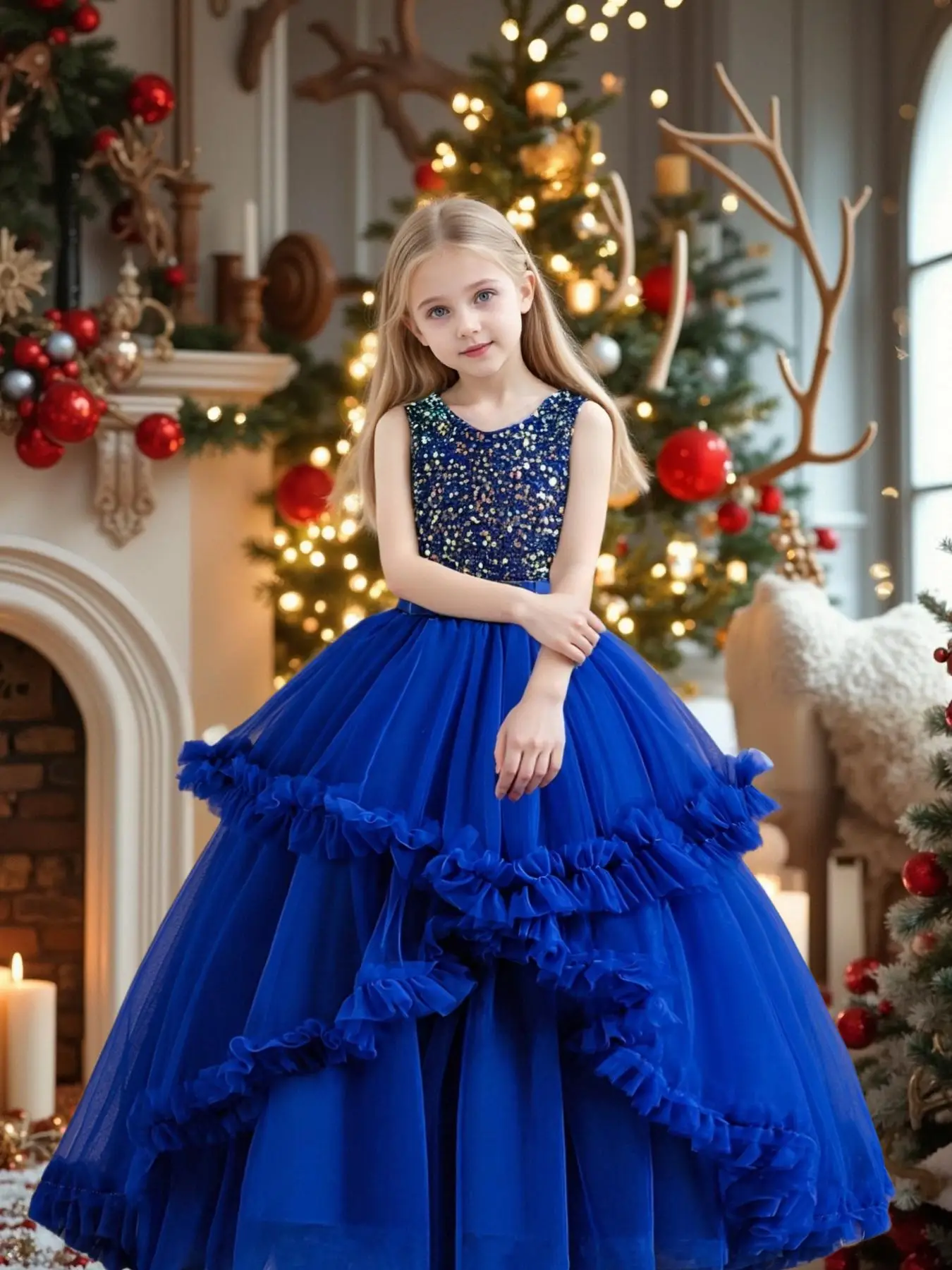 Girl's Glitter Ruffle Trim Tulle Dress, Elegant Contrast Mesh Satin Party Dress for Evening Formal Occasions, Kids Clothes for All Seasons