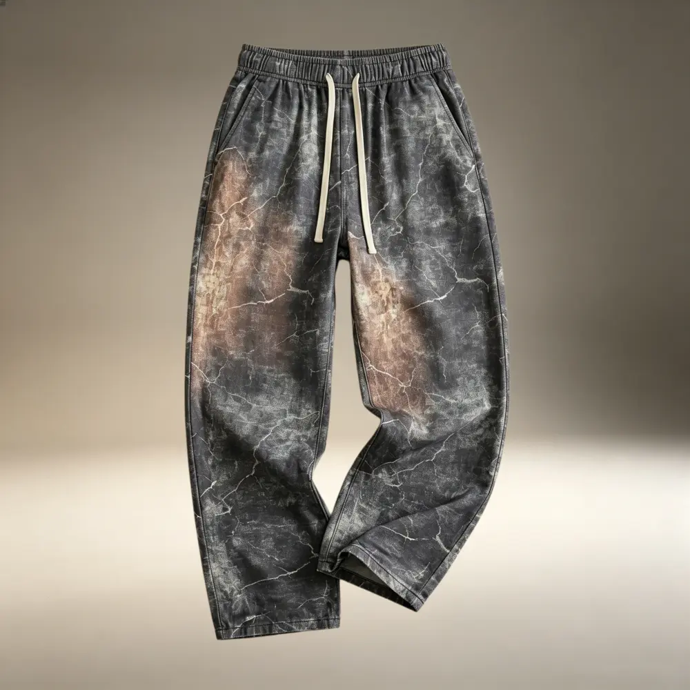 Men’s Distressed Baggy Loose Wide-Leg Ankle-Length Casual Pants, Menswear American Retro High-Street Style, Elastic Drawstring Waist, Cracked Texture Gradient Print, for Adult Men’s Street-Style Everyday Outfits | Sohochic