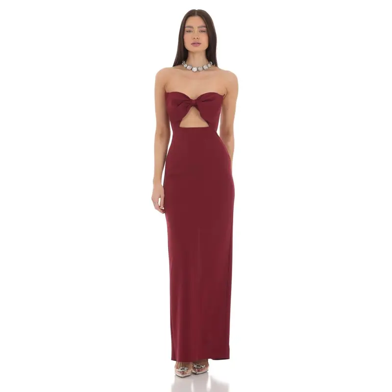Bow Cutout Strapless Maxi Dress in Maroon