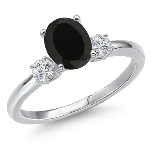 Gem Stone King 14K White Gold Black Onyx and White Lab Grown Diamond Engagement Ring For Women | 1.80 Cttw | Oval 8X6MM | Gemstone December Birthstone | Available in Size 5,6,7,8,9