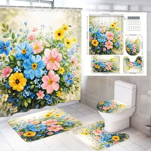 1/4pcs Lush Watercolor Floral Bathroom Decor Set - Vibrant Blue Daisies, Soft Pink Blooms & Sunny Yellow Wildflowers on Beige Shower Curtain with Matching Bath Mat, Toilet Lid Cover & Base Rug - Perfect for a Spring-Themed Sanctuary!