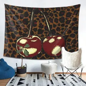 Tapestry  [Tapestry Wall Hanging] Cherry & Leopard Print Tapestry Wall Hanging - Premium Peach Light Beige Fabric, Horizontal Design For Living Room, Bedroom, Office & Party Decor - Perfect Gift For Home & Festive Occasions, Wall Decoration