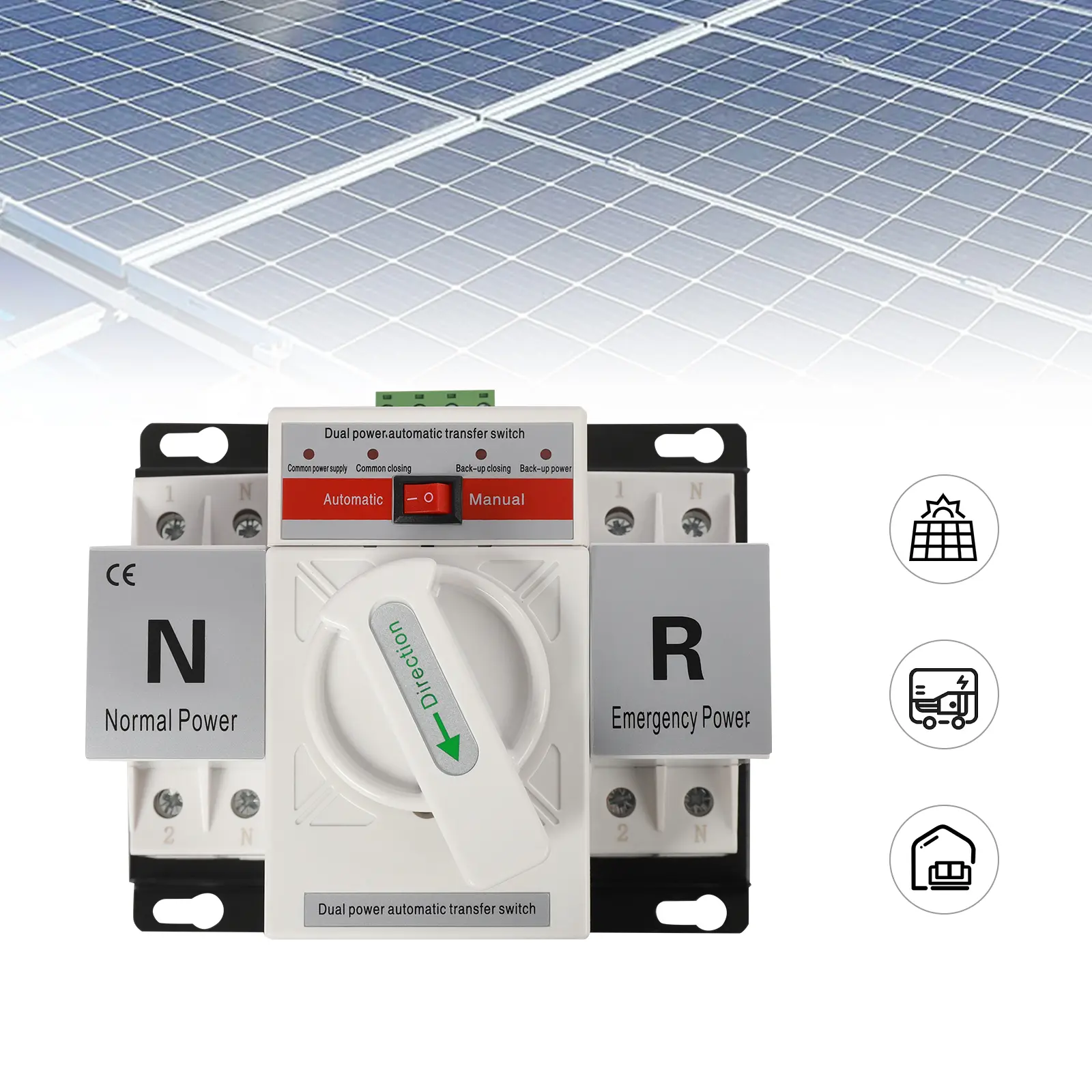 63A 2P Automatic Transfer Switch (ATS), 110V Rated Voltage, 63A Rated Current, 2-Second Conversion Time, Manual-Auto Modes, Normal-Emergency Power Changeover, Solar/Generator Backup Compatible, for Home Inverter, Restaurants, Banks, Hotels, White