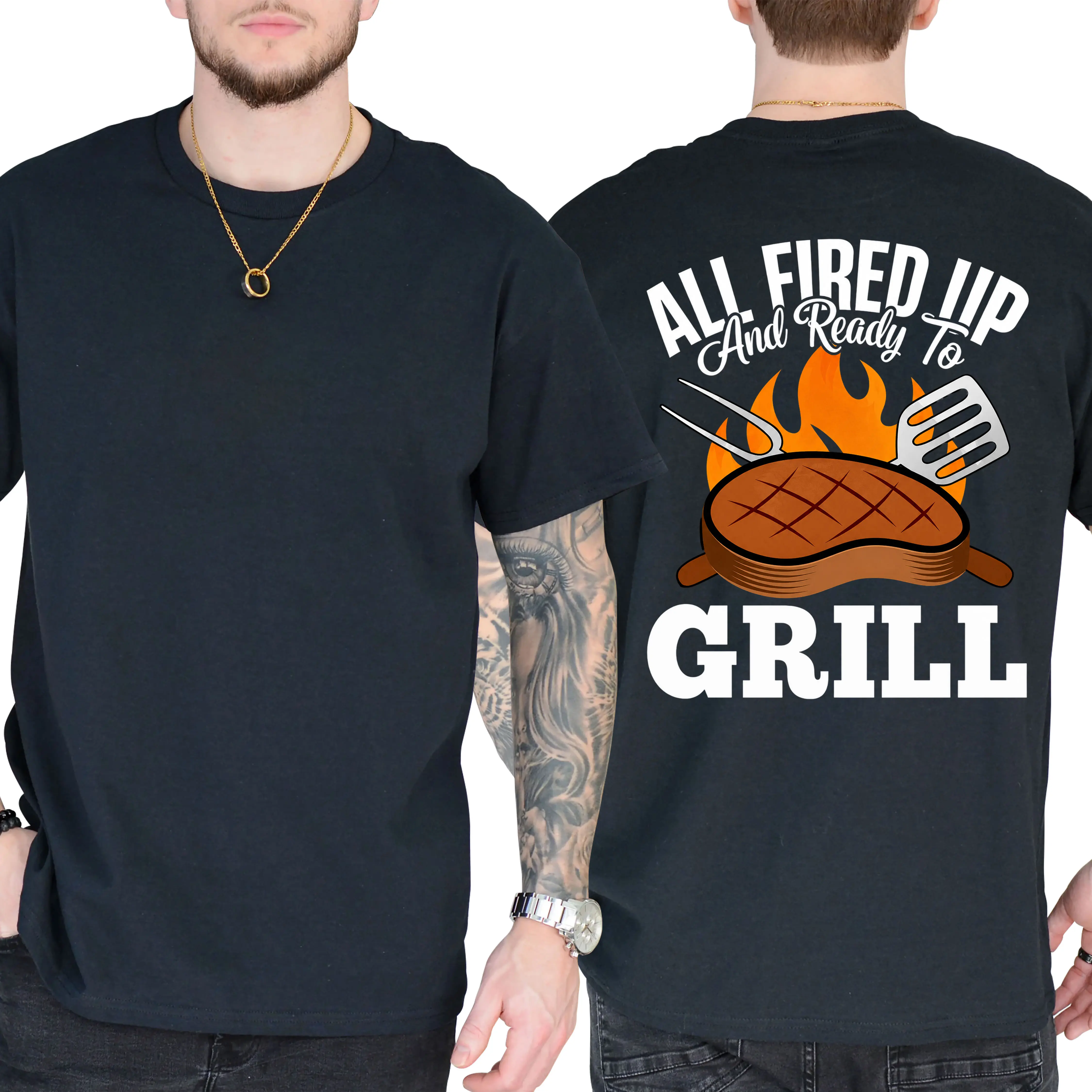 All Fired Up And Ready To Grill BBQ T-Shirt, Funny Barbecue Grilling Shirt, Cookout Tee, Summer Party Grill Master Shirt, Short Sleeve Printed Graphic Shirt, Daily Casual Cotton Menswear