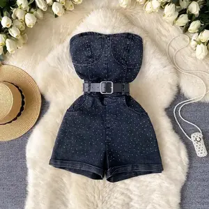 Women Denim one pieces Summer Fashion Drill High Waist Slim Sleeveless Strapless Sashes Outfits