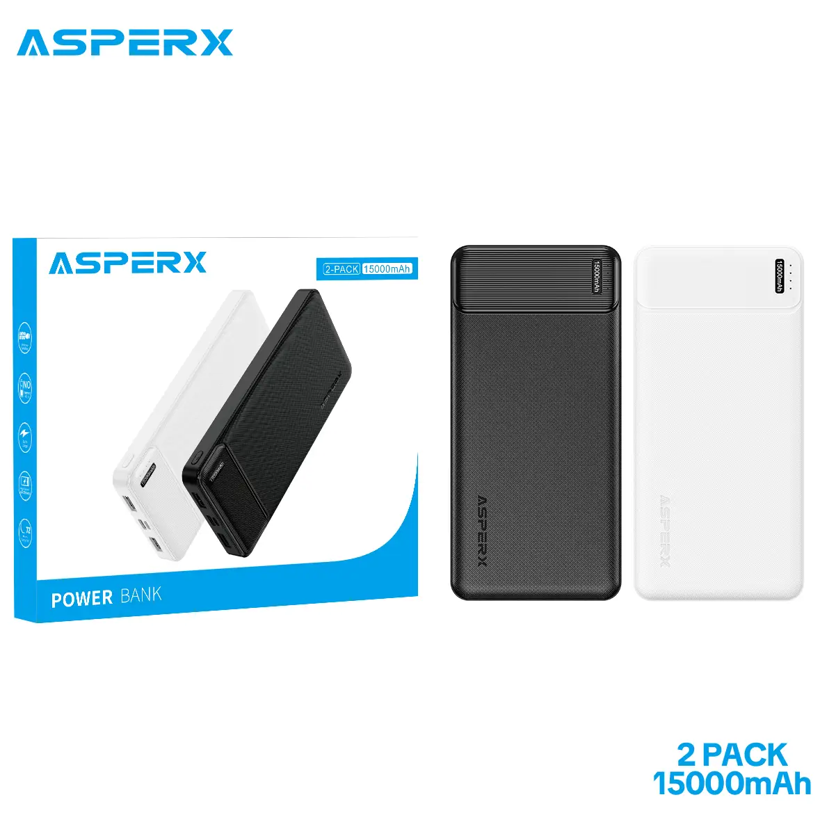 AsperX 15000mAh Power Bank Portable Charger, 3.0A Fast Charging USB Cables, Battery Pack for Smartphone, Bluetooth Earphone, Electronics Accessories