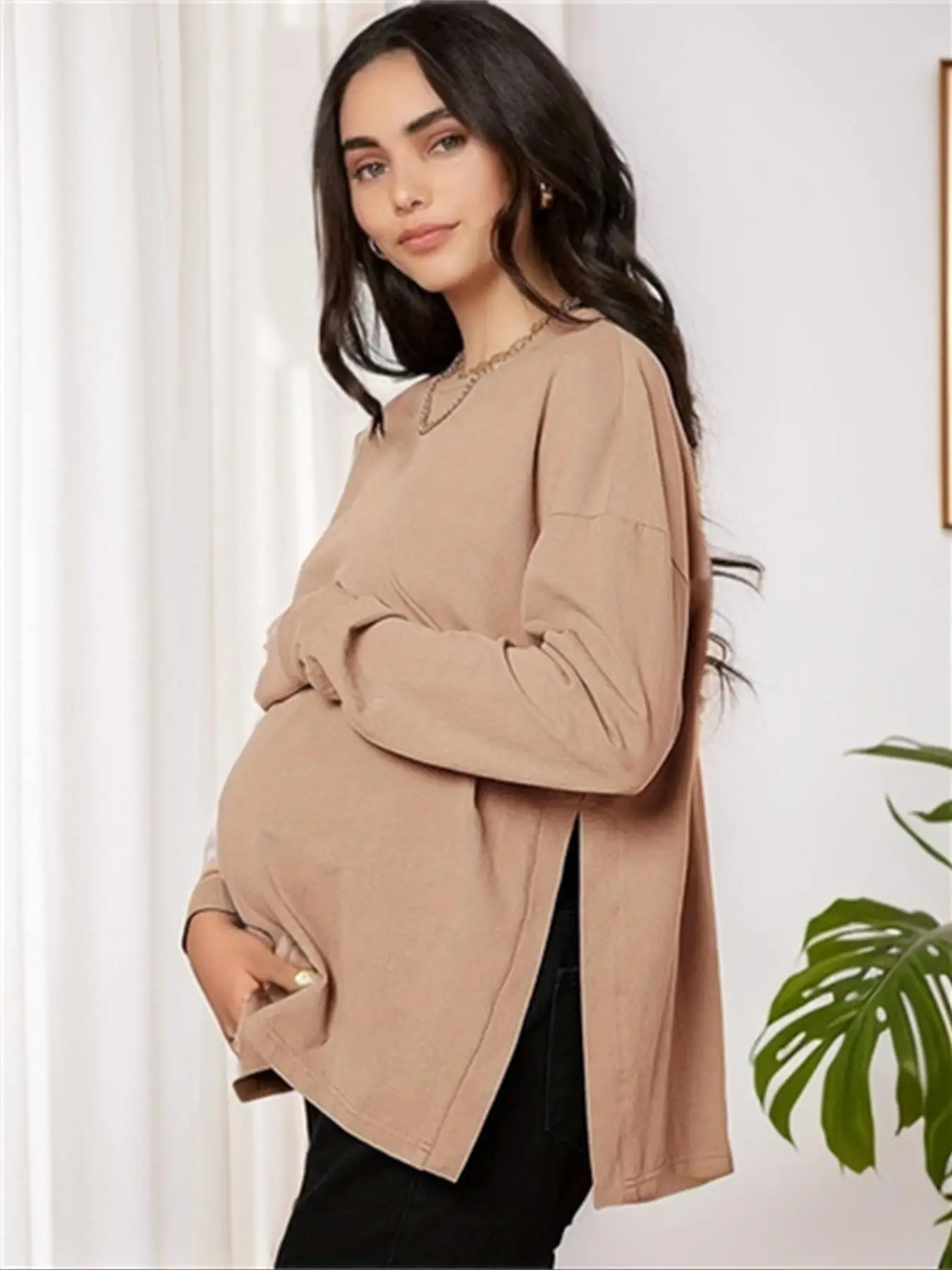 Women's Solid Drop Shoulder Split Hem T-shirt Without Necklace, Casual Streetwear Round Neck Long Sleeve Top, Maternity Clothes For Pregnant Women