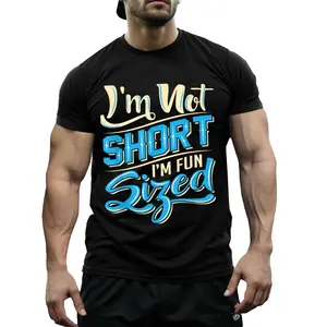 "I'm Not Short I'm Fun Sized" Funny Graphic T-Shirt - Black Cotton Tee with Bold Blue & Yellow Lettering, Regular Fit Round Neck Short Sleeve Shirt for Men & Women, Casual Humorous Gift for Short Peop
