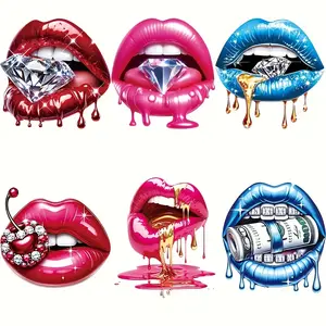 6pcs Strong Lip Design Heat Transfer Coated Stickers, Diy Decorations, Large Durable Washable Iron-On Patches for T-Shirts Jeans Jackets Backpacks Clothing Hats