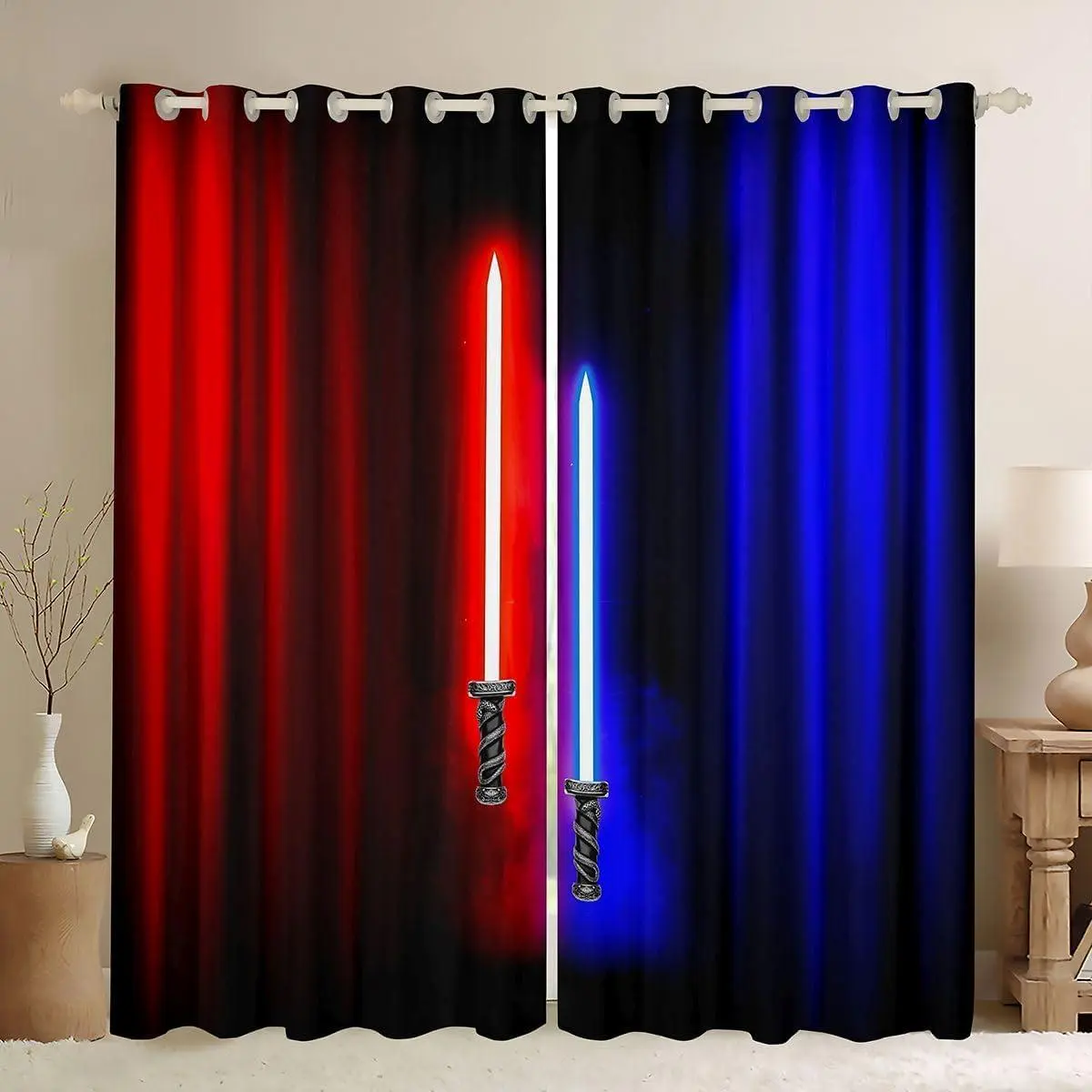 Red Blue Lightsaber Window Curtain,Glowing Neon Light Abstract Window Drapes for Girls Boys,Boys Kids Adult Fashion Games Window Treatment Curtains for Living Room