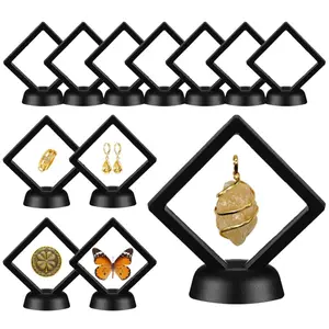12PCS 3D Floating Display Case 2.7 Inch Black, Clear Film Jewelry Storage Box Plastic Frame Stand for Challenge Coin Fossils Rocks Shark Tooth Butterfly