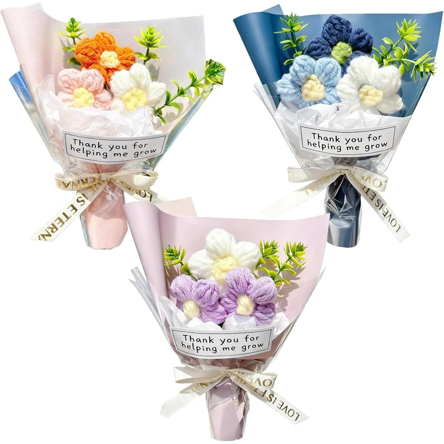Wavwavw 3-Piece Pastel Handmade Mini Crochet Flower Bouquet - Teacher Gift for Graduation, End of Year Thank You Decor, Room Decor for Women, Crochet Flowers