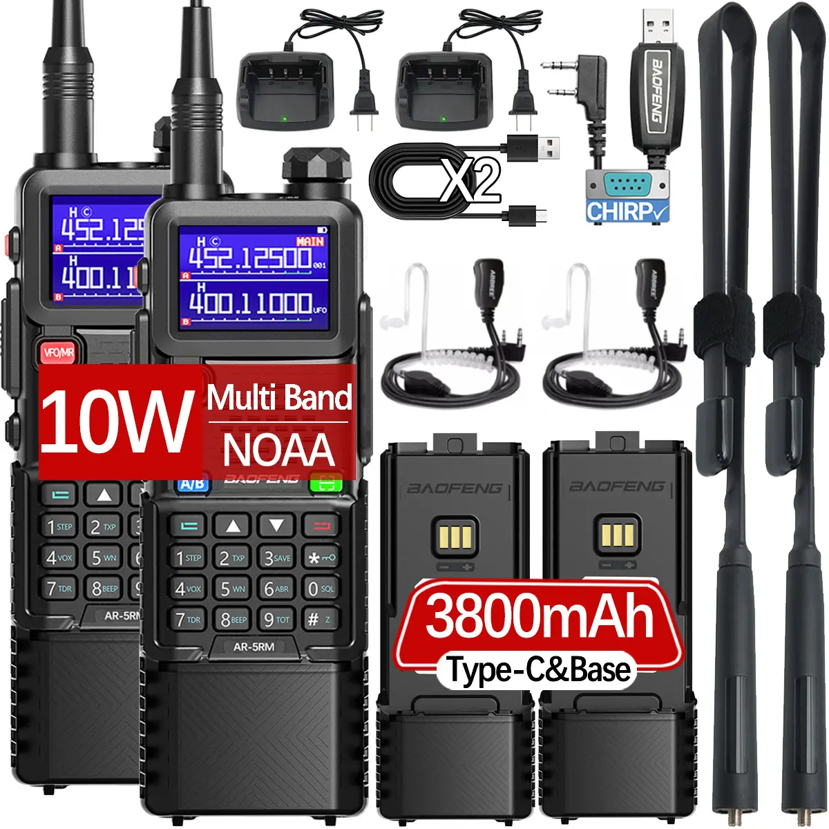 2Pack BAOFENG Rechargeable Long Range Walkie Talkie Handheld Ham Radio USB Charging 3800mAh Extended Battery for Survival Gear