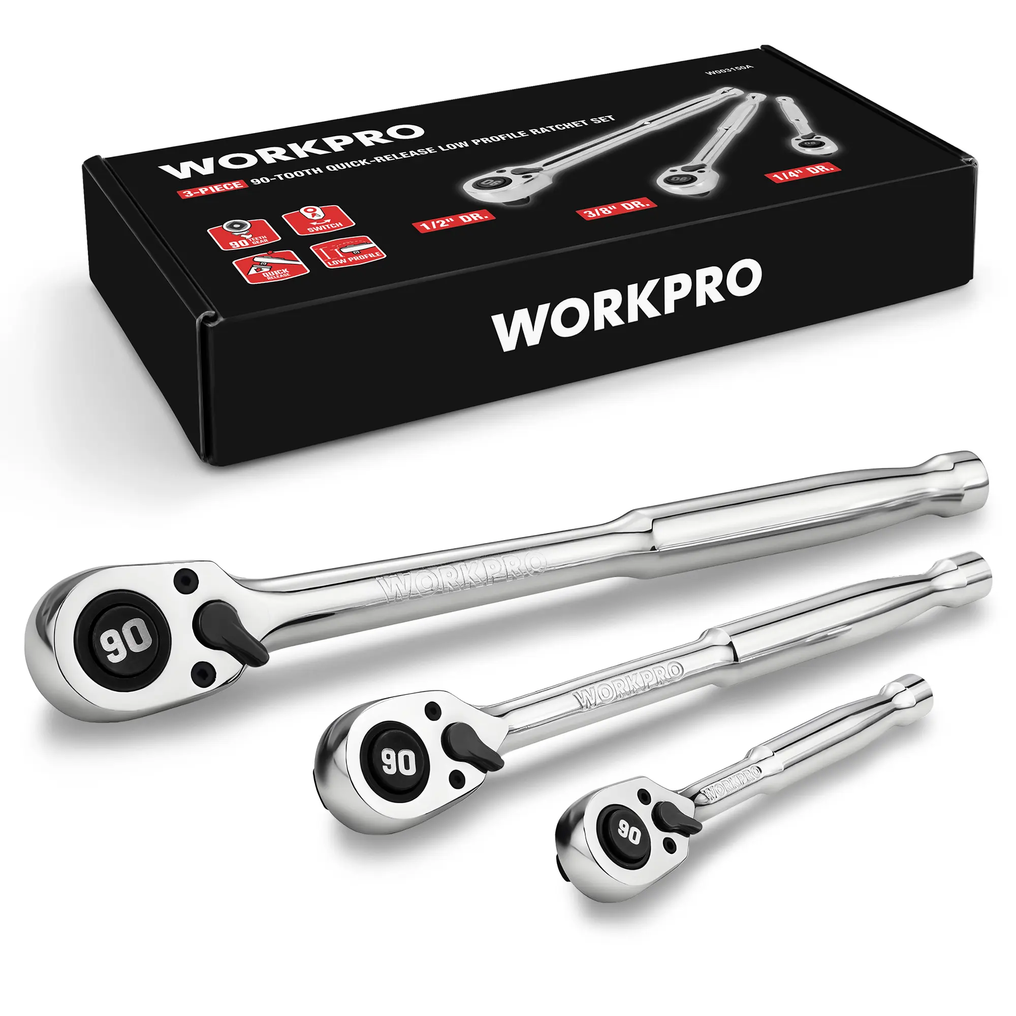 WORKPRO Low-Profile Drive Ratchet Set - 1/4", 3/8", 1/2" Sizes, 90-Tooth Quick-Release, Reversible, 4° Swing, CR-MO Steel Compact Head, Polished Finish, for DIY Maintenance, Tight Spaces, Tool Enthusiasts