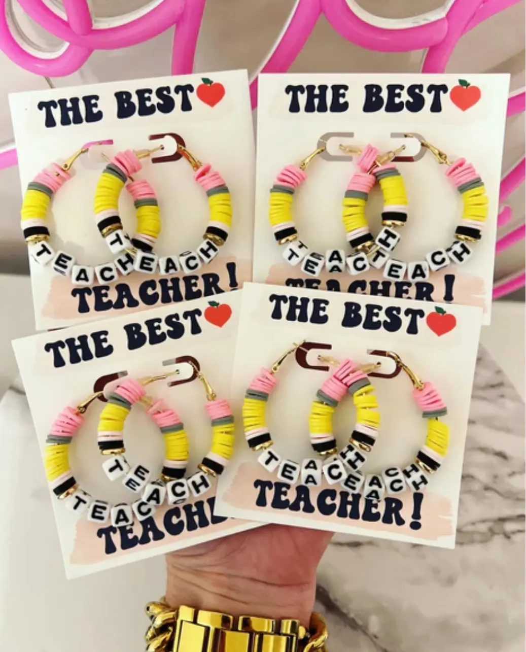 Teach Pencil Hoop Earrings! Teacher thank you gift! Handmade clay disc beads! Teacher appreciation gift! card, box & ribbon!