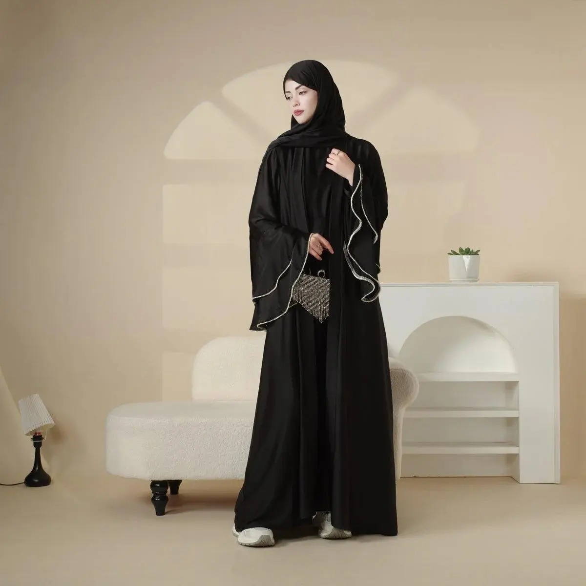 NisaModest Women's 5-Piece Chic Satin Crepe Ruffle Sleeve Abaya Set - Loose, Full-Length, Belt-Included, Hijab, Inner Dress, Triangle Skirt, Side Pockets, Customizable Sizes, Casual & Party Modest Muslim Clothing | Ideal for Ramadan, Eid | MOA033, None