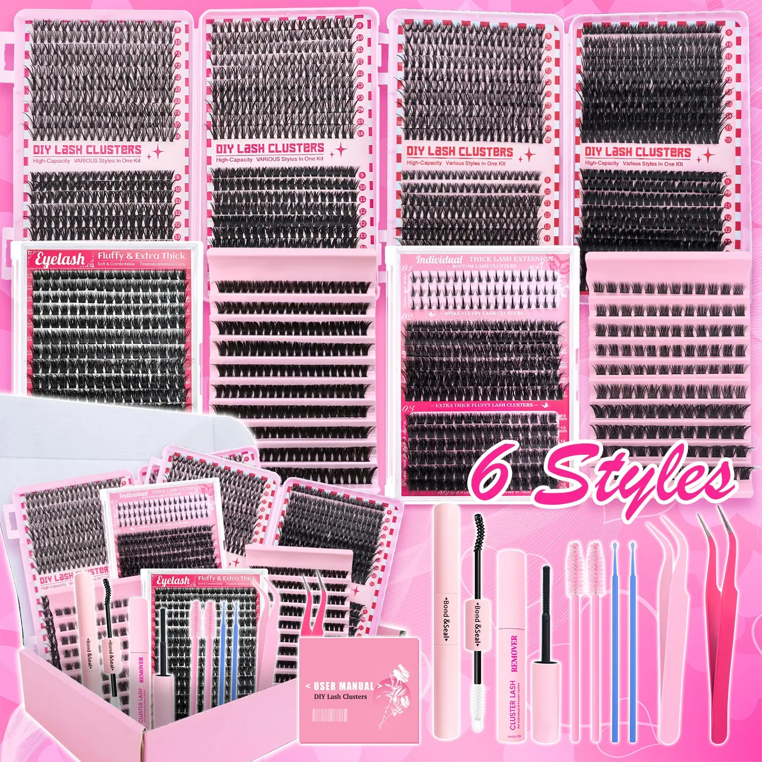 DIY Lash Clusters, Fluffy and Weightless, Creates an Individual Look, Self-Grafting Curling Fake Eyelash Extensions with Ultra-Thin Band Bond, Seal & Remover, Beginner-Friendly Makeup for Girls and Women, Cluster Lashes Kit, Cluster False Eyelashes
