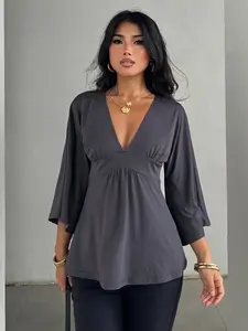 Women's Sexy V Neck Ruched Batwing Sleeve Casual Gray T-Shirt, High Waist Basic Long Sleeve Top, Comfortable Versatile Daily Wear, Casual Classy Top