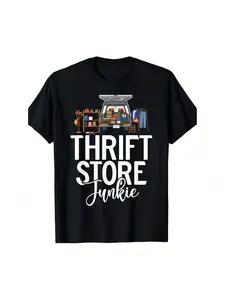 1pc Women'S Oversized Vintage Thrift Store Graphic T-Shirt - Black Retro Thrift Shopping Design with "THRIFT STORE" Lettering & Vintage Items, Soft Fabric, Relaxed Fit Round Neck Short Sleeve Casual Summer Top, Machine Washable All-Season Comfort for Thri
