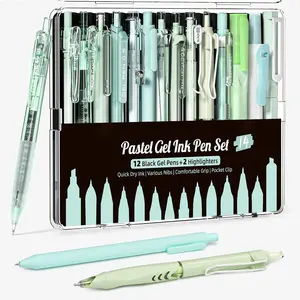 Writing Ink Pens with Black & Green Ink and 2Pack Highlighter, Retractable 0.5mm Smooth Fine Point Pens,Green Pens for School, Office Girly Stationery Aesthetic Desk Accessories Set of 14