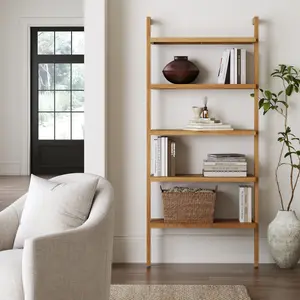Wood 5-Shelf Ladder Wall Bookshelf Warm Pine
