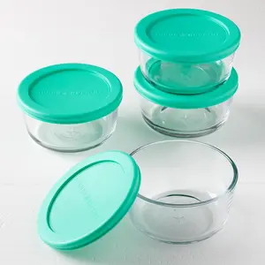 Anchor Hocking 2 Cup Glass Storage Containers with Lids, Set of 4 Glass Food Storage Containers with Mint SnugFit Lids