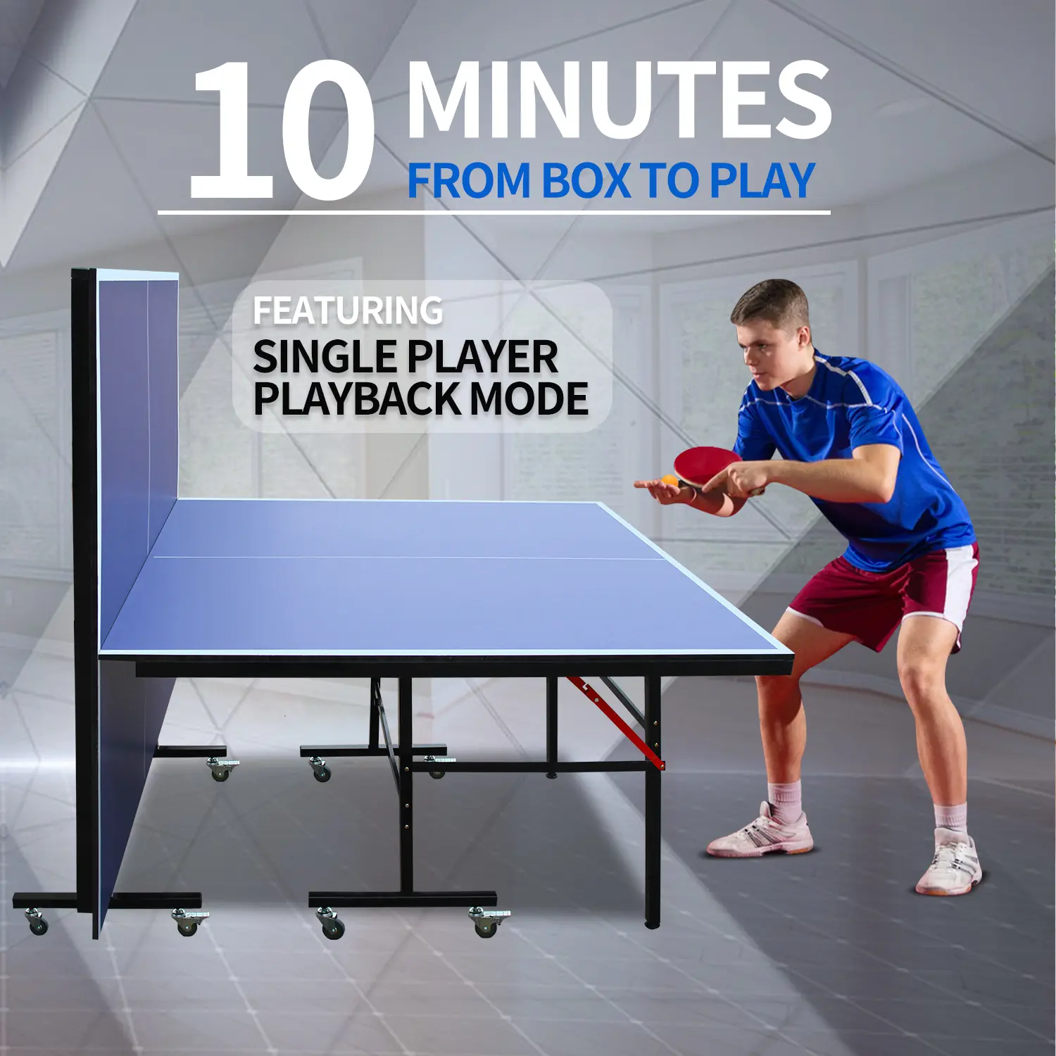 SAVEYOUR Foldable Portable Table Tennis Table, 8ft Mid-Size Ping Pong Table Set for Indoor Games, Complete with Net, 2 Paddles and 3 Balls, Space Saving Home Recreation Game Table Racket Grip