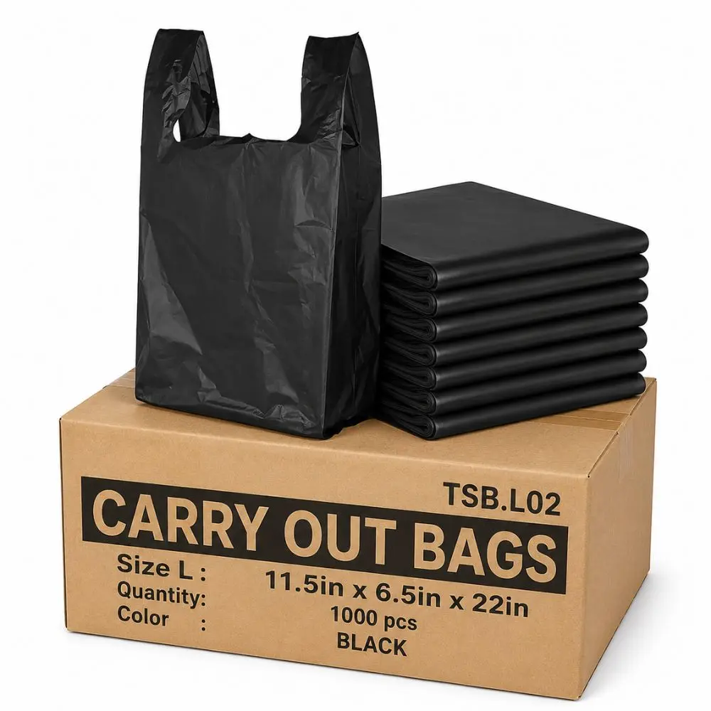 TP Plastic Thank You Bags 1000 Pack – Black T-Shirt Bags with Handles for Small Business, Grocery & Takeout (11.5"x6.5"x22")