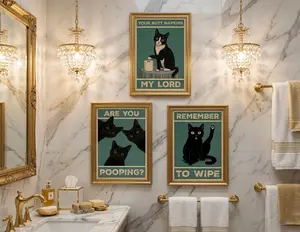 "Bathroom Cats" — A Curated Set of Three Text-Based Art Prints: Whimsical Feline Artwork, Adorable Bathroom Wall Decor, and the Perfect Gift for Pet Lovers framed and unframe