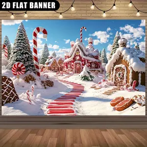 Festive Christmas Gingerbread House Backdrop - Snowy Winter Scene with Red & White Striped Candy Cane, Gingerbread House, Photography, and Fairy Tale Scenes, Christmas Decorations, Gingerbread Photo Backdrop, Candy Christmas Curtain Banners Ornaments