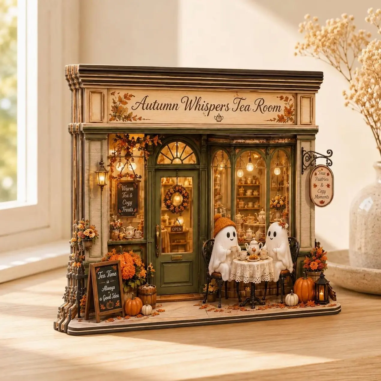 Autumn Whispers Tea Room Wooden Block, Halloween Ghost Tea Shop Decor, Fall Mantel Shelf Sitter, Cozy Tabletop Gift for Tea Lovers