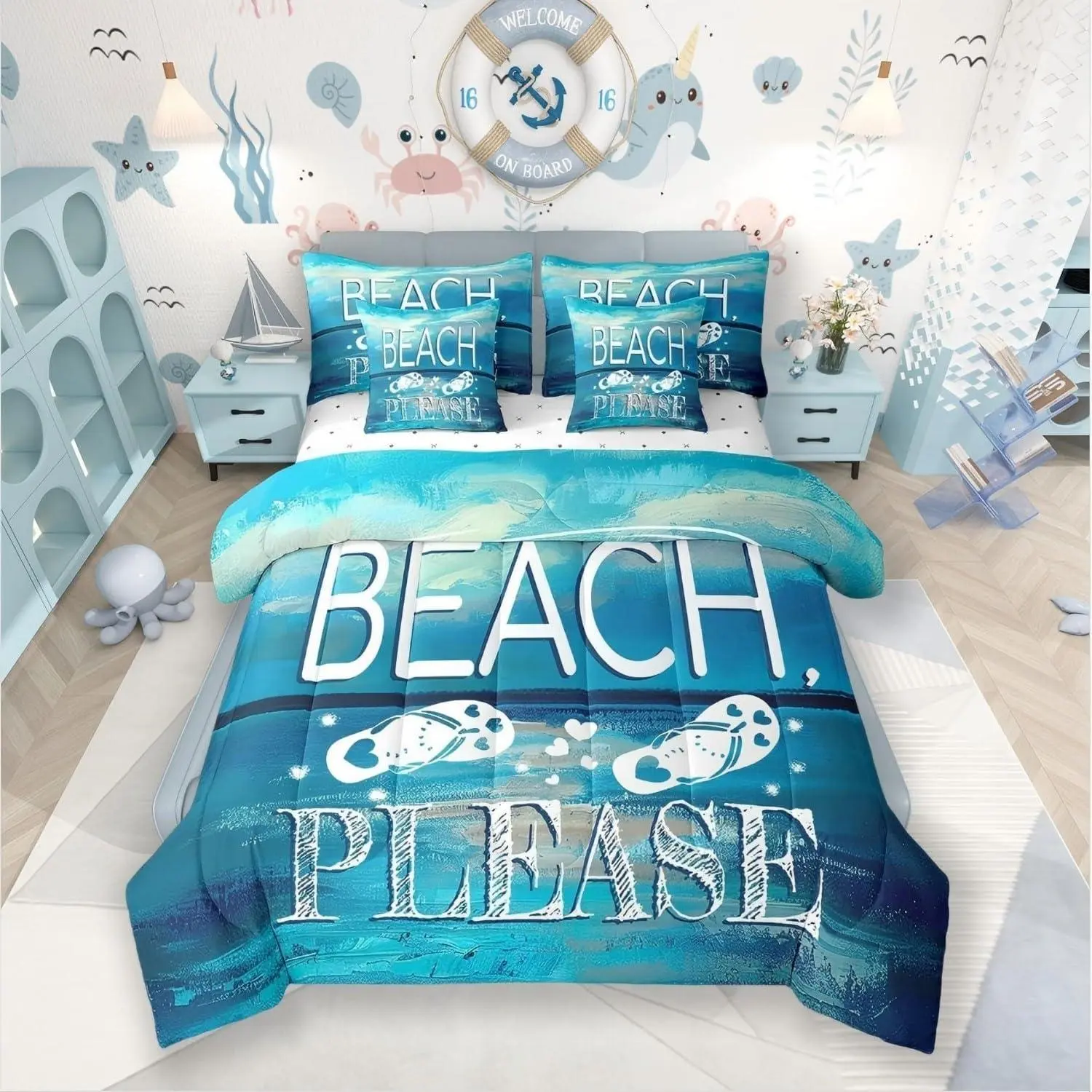 Summer Beach Comforter Set 7 Piece Bed in a Bag,Hawaii Flip Flops Bedding Set Sea Palm Tree Sheet Sets with Comforter Blue Ocean Bed Set,The Lake House Farmhouse Decor
