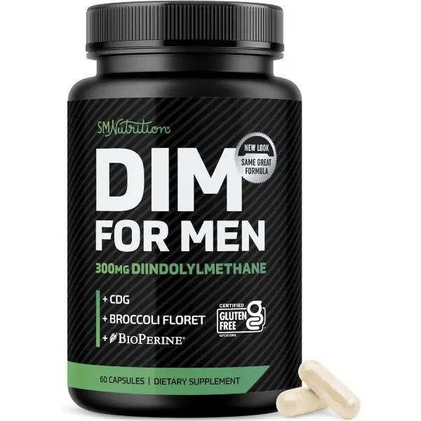 DIM Supplement for Men 300mg, Estrogen Blocker & Aromatase Inhibitor with CDG & Broccoli Floret, Supports Hormone Balance, Fitness & Testosterone Support, Gluten-Free, 60 Capsules