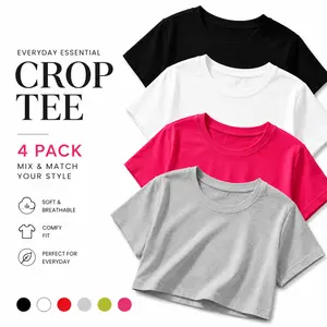 4 Pack Cotton Crop Tee Set for Women – Soft Basic Baby Tees, Y2K Summer Outfits, Trendy Casual Streetwear Tops, Viral TikTok Fashion oversized tshirt gifts