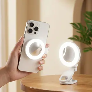 Clip-On Selfie Ring Light with Mirror - 180° Rotating Camera Accessory, 9-Level Brightness, 3 Color Modes, USB-C Rechargeable, Compatible with iPhone, Android, Smartphone, Cellphone, Mobile for Makeup, Live Streaming