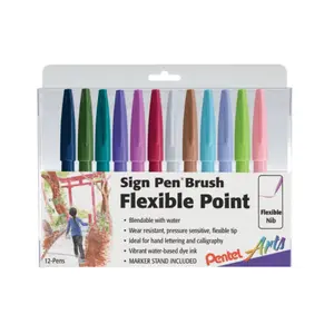 Pentel Touch Sign Pen with brush tip, Set of 12 Pastel Colors