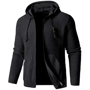 Zaitun Men's Full Zip Up Hooded Cardigan Sweater with Pockets - Soft 3D Machine Knitted Black Pullover for Casual Fall & Spring Wear