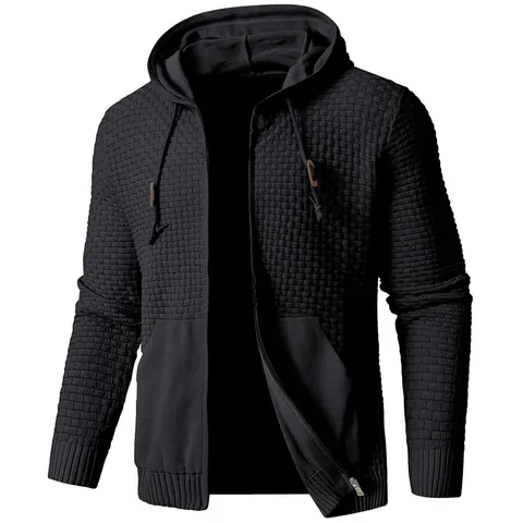 Zaitun Men's Hooded Cardigan Sweatshirt - Full Zip-Up, 3D Waffle Knit, Long Sleeves, Slim Fit, Lightweight, Soft, Stylish, Casual, Large, Solid Storage-Pockets Top for Fall Outings, Layering Piece (Menswear)