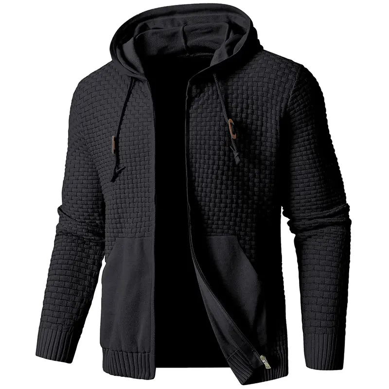 YYT1 Zaitun Men's Full Zip Up Hooded Cardigan Sweater with Pockets - Soft 3D Machine Knitted Black Pullover Casual Fall & Wear