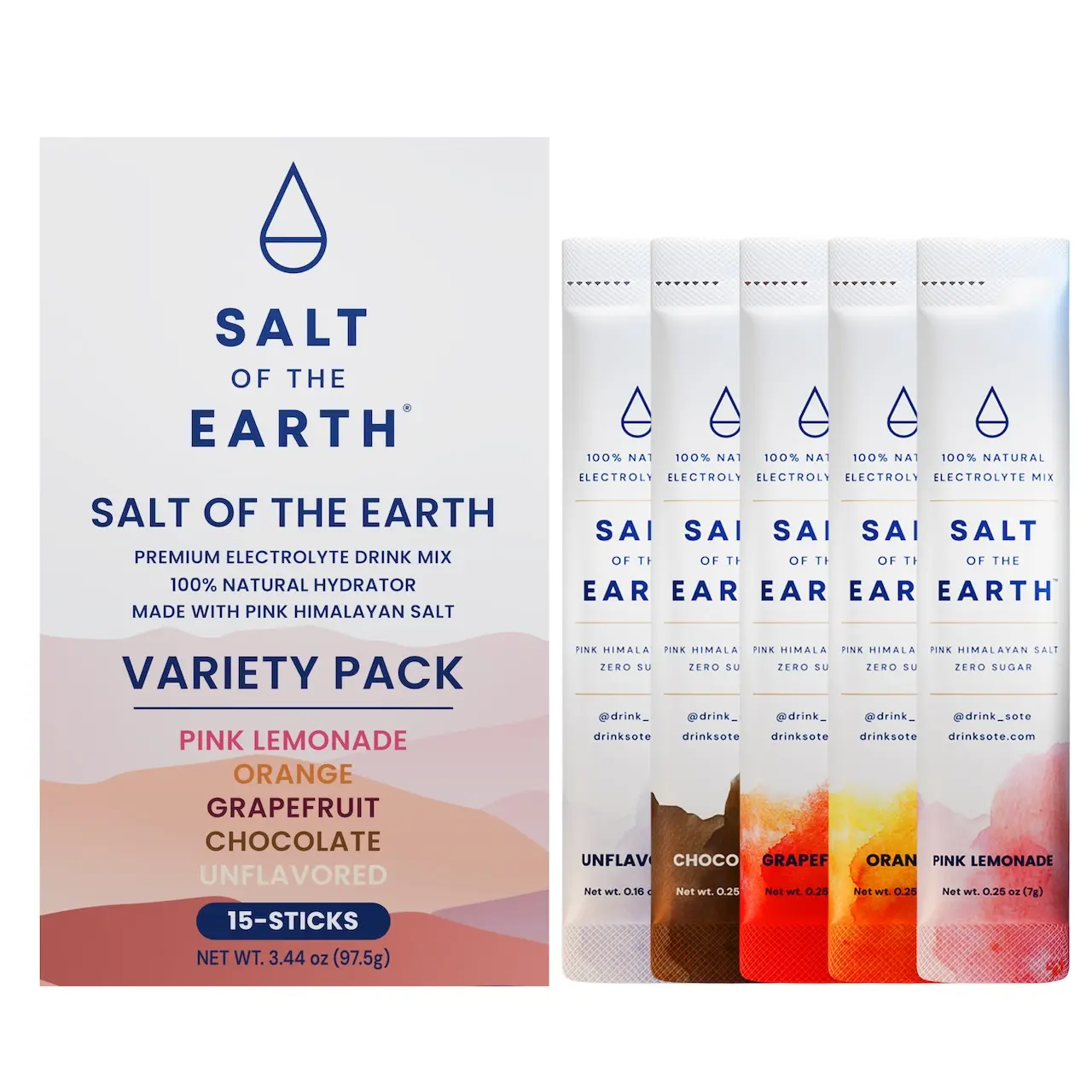Salt of the Earth Premium Electrolyte Drink Mix Variety Pack 15 Sticks 3 of Each Flavor Pink Lemonade Orange Grapefruit Chocolate Unflavored 9.75g