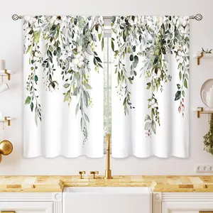 Eucalyptus Botanical Leaves Sage Green Floral Kitchen Window  |   Over Sink Farmhouse Flower Leaf Small Treatment Cafe Short  for Bathroom Treatment Tier Drapes 28"x40" high ceiling curtains decor set inganchos custom drapery panel doble layer