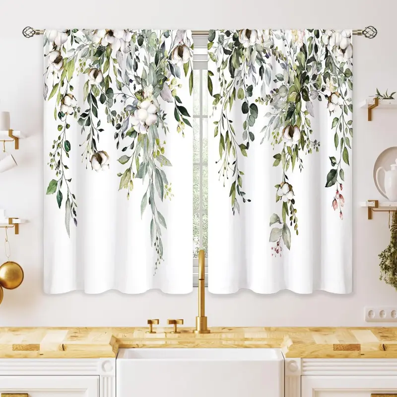 Double-Layered Eucalyptus Sage Green Botanical Leaf Tier Curtains - 28(w)x40(h) Custom Drapery Panels with Rod, Farmhouse Set of 2, Over-Sink Fit for Kitchen/Bathroom Window Treatment Decor, Set Of Two