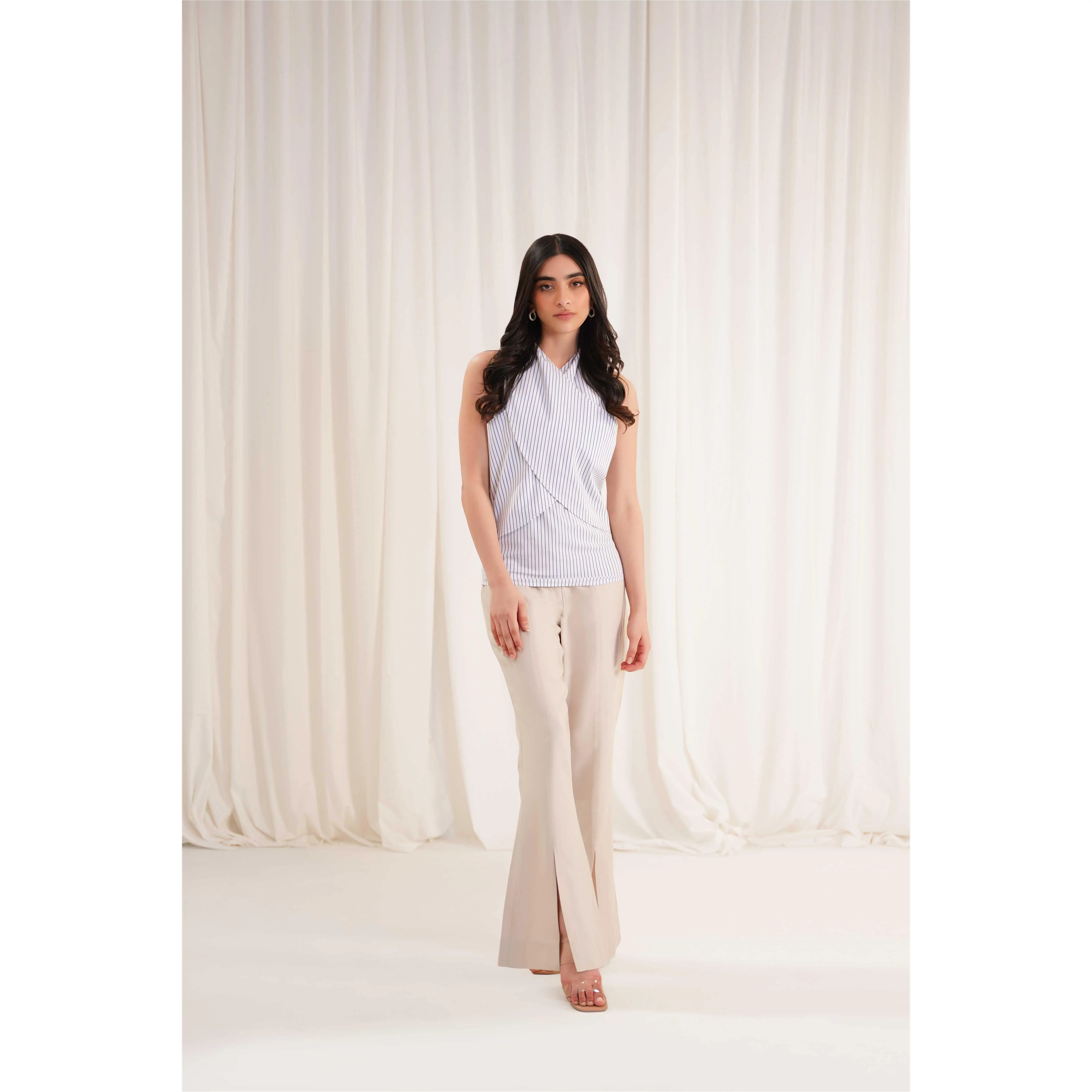 Four & Co Women's Front Slit Flared Beige Trouser Work Pant High Waist Office Work Wear