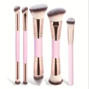 Holiday-Ready 5-Piece Double-Ended Makeup Brush Set - Soft Bristle Kit: Foundation Blender, Blending Brush Foundation, Blush/Contour/Setting Powder Brush, Eyeshadow/Concealer Brushes, Makeup Tools for Face & Eyes, Festive Gift