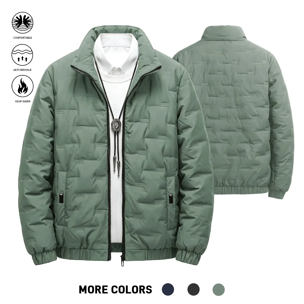 Men Back To School Quilted Insulated Jacket, Stand Collar Full‑Zip Lightweight Winter Outer Coat, Anti‑Wrinkle Coat with Elastic Cuffs & Elastic Hem for College Campus Fall Daily Outfits, Shell & Insulation: 100% Polyester Casual Classic